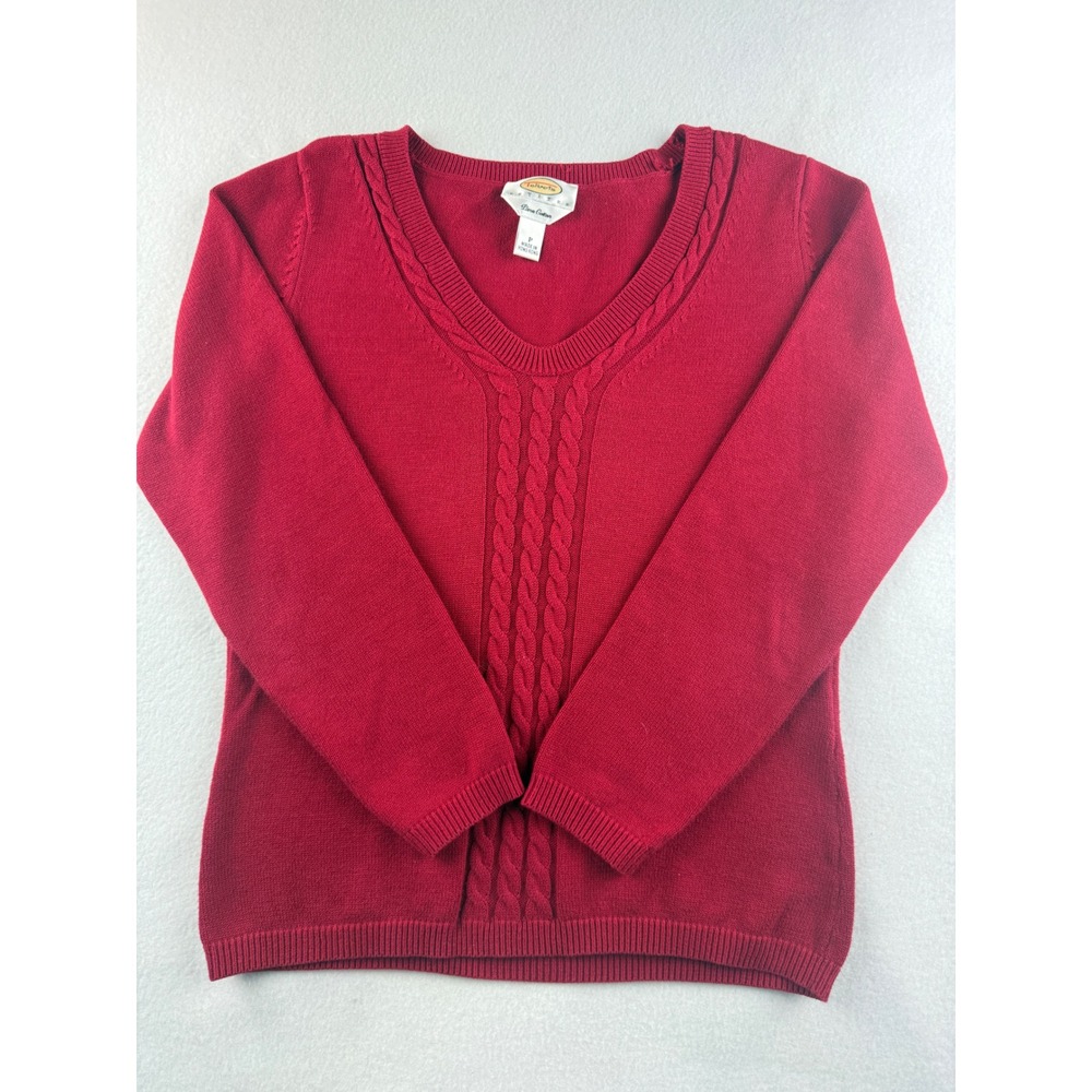 Talbots Petite Red Pima Cotton Cable Knit V Neck Sweater Size P